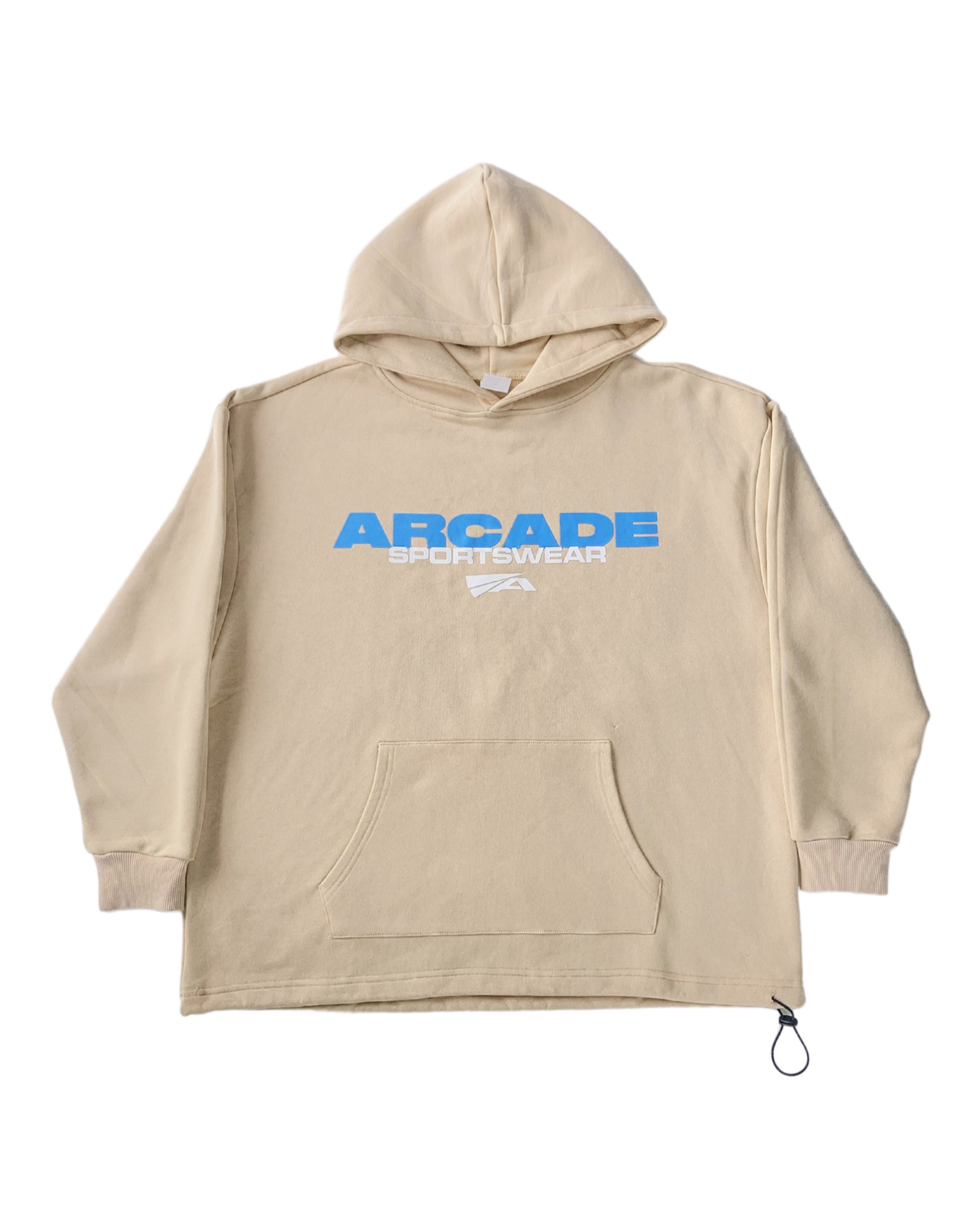 Arcade Sportswear Hoodie Tan   Features:  Screen printed “Arcade Sportswear” Graphic w/ logo on chest  Heavyweight 420 GSM  100% French Terry Cotton  Oversized loose fit    Semi-cropped w/ drop shoulders  Adjustable cord lock on waist 